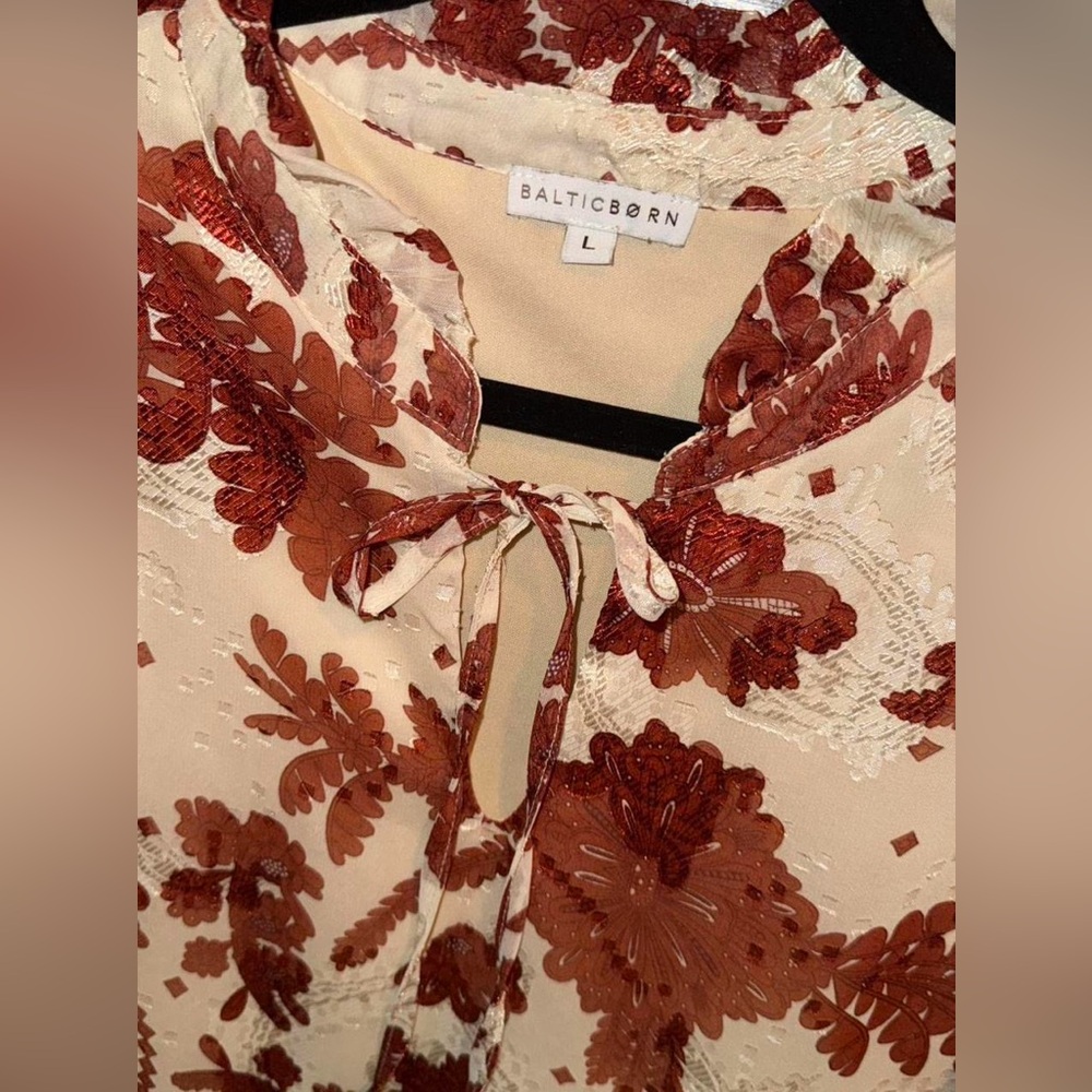Baltic Born Women Large Reddish Brown Metallic Floral Blouse Ruffle Collar Sheer - Picture 4 of 9